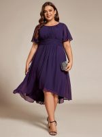 Plus Size Pleated Round Neckline A-Line Midi Chiffon Wedding Guest Dress - Image 45