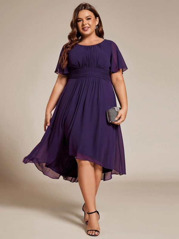 Plus Size Pleated Round Neckline A-Line Midi Chiffon Wedding Guest Dress - Image 45