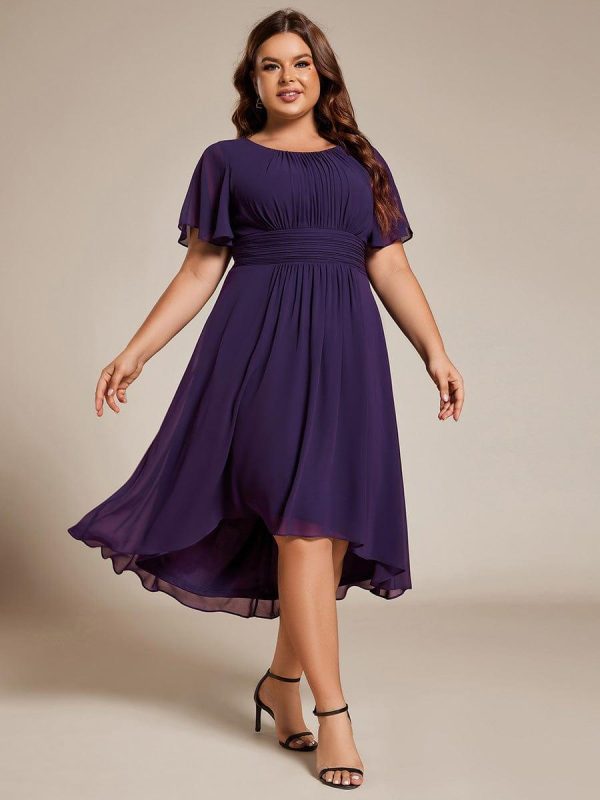 Plus Size Pleated Round Neckline A-Line Midi Chiffon Wedding Guest Dress - Image 41