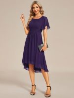 Flowy Chiffon Round Neckline A-Line Knee Length Wedding Guest Dress - Image 73
