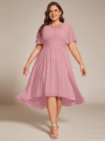 Flowy Chiffon Round Neckline A-Line Knee Length Wedding Guest Dress - Image 159