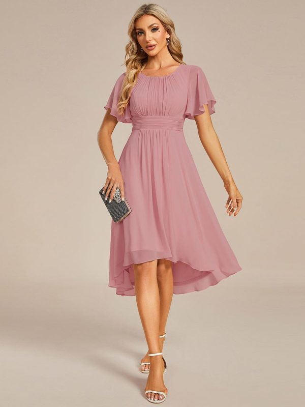 Flowy Chiffon Round Neckline A-Line Knee Length Wedding Guest Dress - Image 156