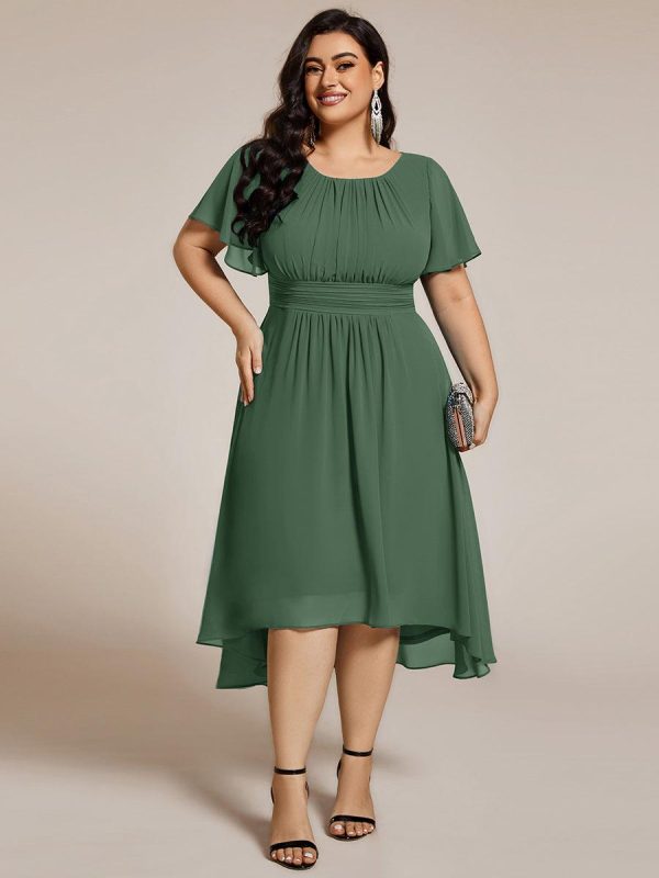 Plus Size Pleated Round Neckline A-Line Midi Chiffon Wedding Guest Dress - Image 70