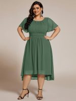 Plus Size Pleated Round Neckline A-Line Midi Chiffon Wedding Guest Dress - Image 69
