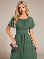 Flowy Chiffon Round Neckline A-Line Knee Length Wedding Guest Dress - Image 129