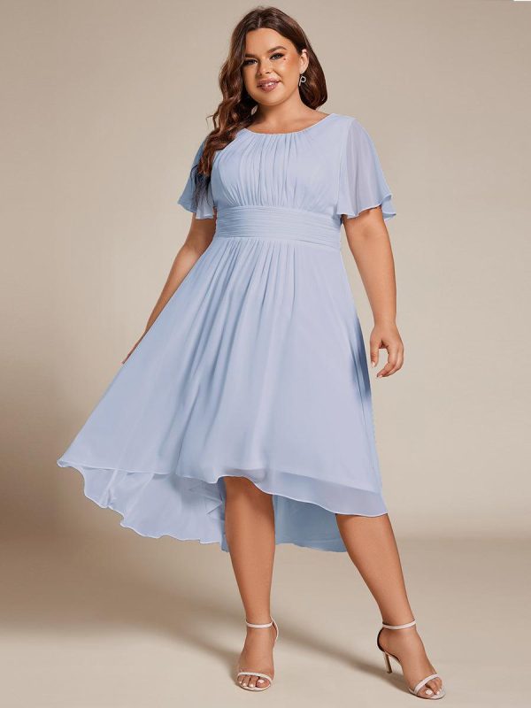 Plus Size Pleated Round Neckline A-Line Midi Chiffon Wedding Guest Dress - Image 64