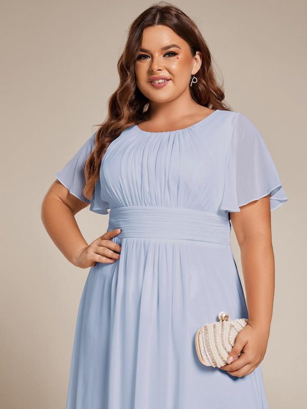 Plus Size Pleated Round Neckline A-Line Midi Chiffon Wedding Guest Dress - Image 63