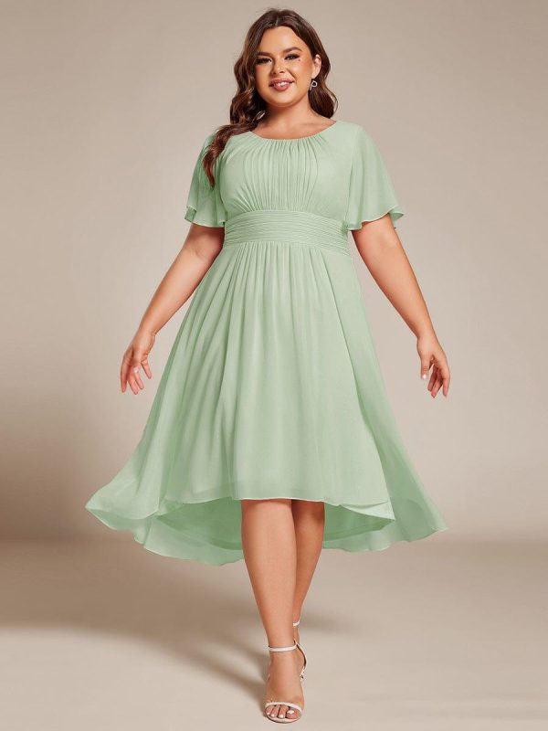 Plus Size Pleated Round Neckline A-Line Midi Chiffon Wedding Guest Dress - Image 55