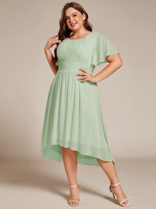 Plus Size Pleated Round Neckline A-Line Midi Chiffon Wedding Guest Dress - Image 51