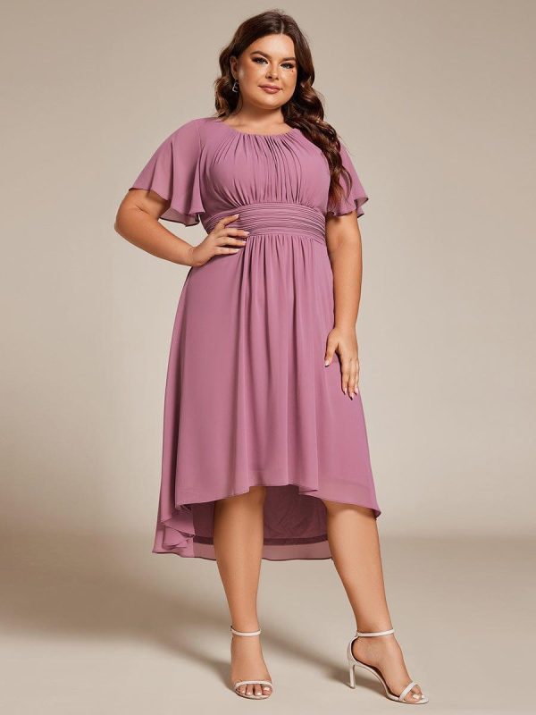 Plus Size Pleated Round Neckline A-Line Midi Chiffon Wedding Guest Dress - Image 6
