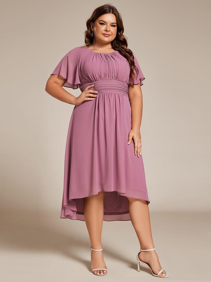EG02053OD-PR Plus Size Pleated Round Neckline A-Line Midi Chiffon Wedding Guest Dress - Image 6