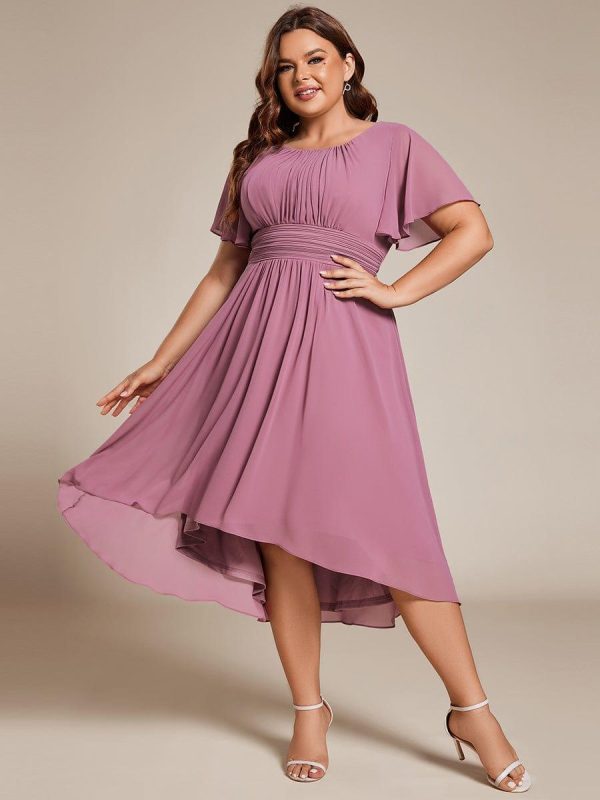 Plus Size Pleated Round Neckline A-Line Midi Chiffon Wedding Guest Dress - Image 9