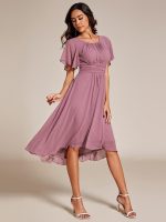 Flowy Chiffon Round Neckline A-Line Knee Length Wedding Guest Dress - Image 49