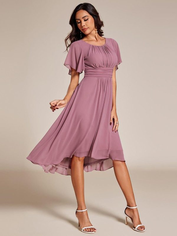 Flowy Chiffon Round Neckline A-Line Knee Length Wedding Guest Dress - Image 49