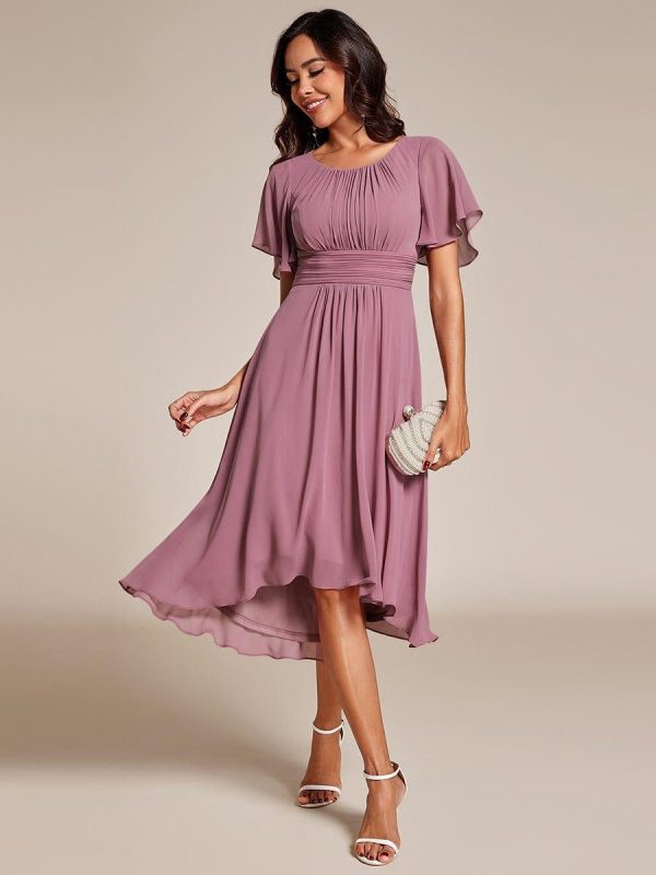 Flowy Chiffon Round Neckline A-Line Knee Length Wedding Guest Dress - Image 52