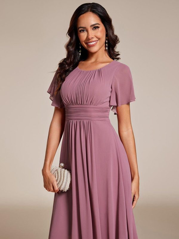 Flowy Chiffon Round Neckline A-Line Knee Length Wedding Guest Dress - Image 51