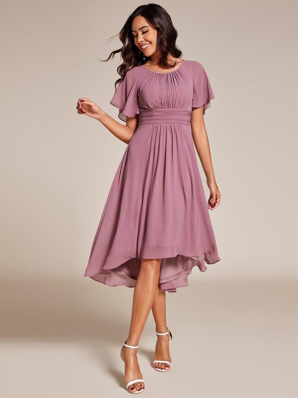 Flowy Chiffon Round Neckline A-Line Knee Length Wedding Guest Dress - Image 53