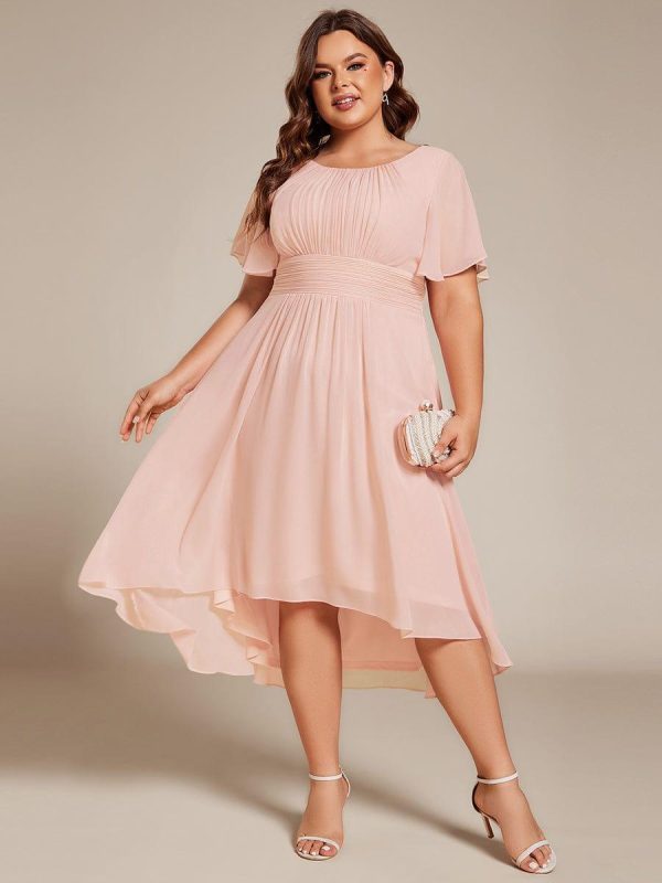 Plus Size Pleated Round Neckline A-Line Midi Chiffon Wedding Guest Dress - Image 11