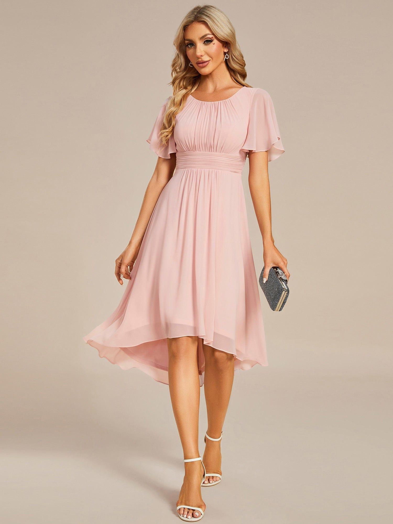 EG02053PK-R4 Flowy Chiffon Round Neckline A-Line Knee Length Wedding Guest Dress - Image 22