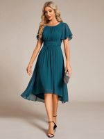 Flowy Chiffon Round Neckline A-Line Knee Length Wedding Guest Dress - Image 3
