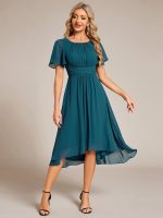 Flowy Chiffon Round Neckline A-Line Knee Length Wedding Guest Dress - Image 105