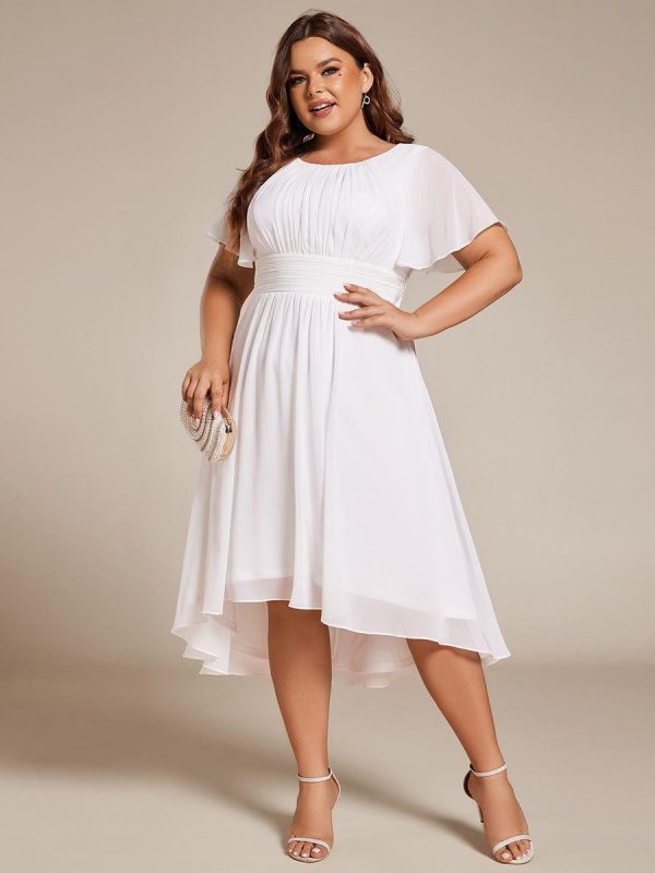 Plus Size Pleated Round Neckline A-Line Midi Chiffon Wedding Guest Dress - Image 36