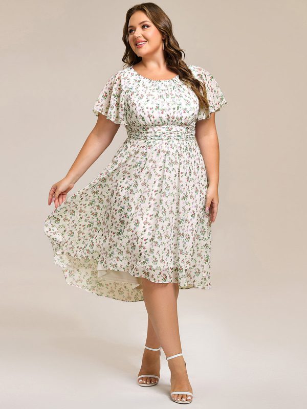 Plus Size Pleated Round Neckline A-Line Midi Chiffon Wedding Guest Dress - Image 75