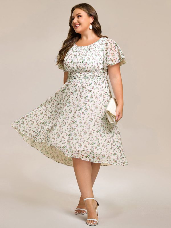 Plus Size Pleated Round Neckline A-Line Midi Chiffon Wedding Guest Dress - Image 71