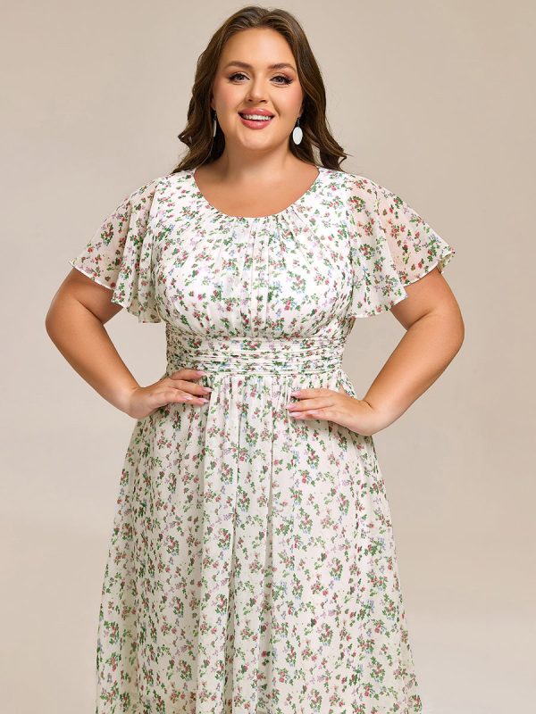 Plus Size Pleated Round Neckline A-Line Midi Chiffon Wedding Guest Dress - Image 73