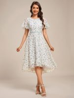 Flowy Chiffon Round Neckline A-Line Knee Length Wedding Guest Dress - Image 122