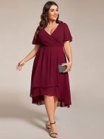 Plus Size Chiffon Short Sleeves Pleated V-Neck A-Line Midi Wedding Guest Dress - Image 25