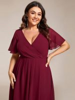 Plus Size Chiffon Short Sleeves Pleated V-Neck A-Line Midi Wedding Guest Dress - Image 24