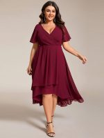 Plus Size Chiffon Short Sleeves Pleated V-Neck A-Line Midi Wedding Guest Dress - Image 26