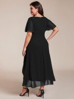 Plus Size Chiffon Short Sleeves Pleated V-Neck A-Line Midi Wedding Guest Dress - Image 2