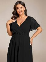 Plus Size Chiffon Short Sleeves Pleated V-Neck A-Line Midi Wedding Guest Dress - Image 16