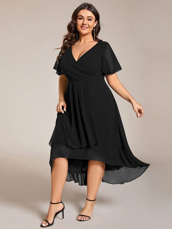 Plus Size Chiffon Short Sleeves Pleated V-Neck A-Line Midi Wedding Guest Dress - Image 1