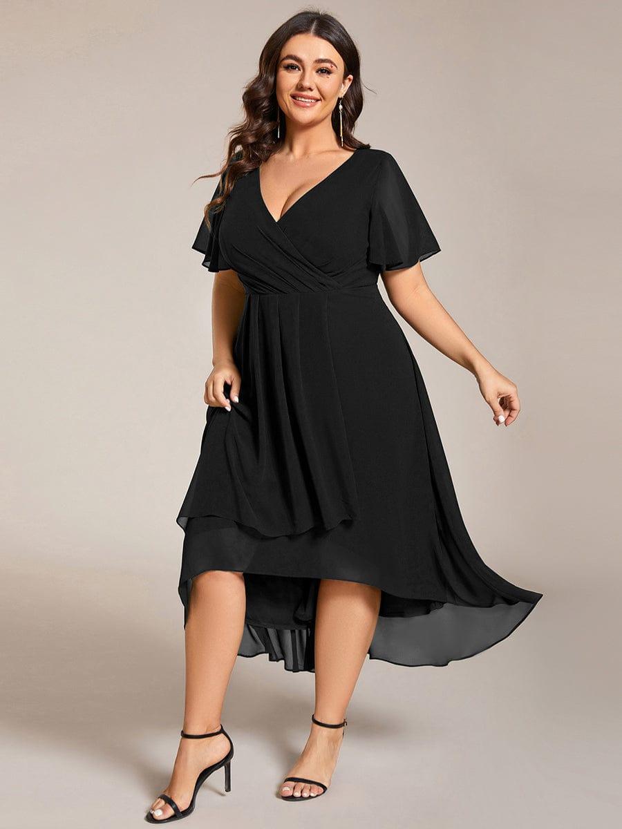EG02084BK-PR_9e9a6362-5a02-47b7-af57-c2a8ec1871ea Plus Size Chiffon Short Sleeves Pleated V-Neck A-Line Midi Wedding Guest Dress - Image 1