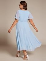 Plus Size Chiffon Short Sleeves Pleated V-Neck A-Line Midi Wedding Guest Dress - Image 6