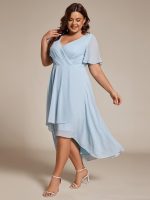 Plus Size Chiffon Short Sleeves Pleated V-Neck A-Line Midi Wedding Guest Dress - Image 51