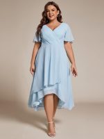 Plus Size Chiffon Short Sleeves Pleated V-Neck A-Line Midi Wedding Guest Dress - Image 5