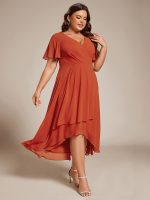 Plus Size Chiffon Short Sleeves Pleated V-Neck A-Line Midi Wedding Guest Dress - Image 70