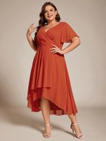 Plus Size Chiffon Short Sleeves Pleated V-Neck A-Line Midi Wedding Guest Dress - Image 69