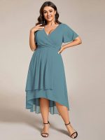 Plus Size Chiffon Short Sleeves Pleated V-Neck A-Line Midi Wedding Guest Dress - Image 64
