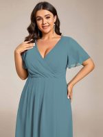 Plus Size Chiffon Short Sleeves Pleated V-Neck A-Line Midi Wedding Guest Dress - Image 63