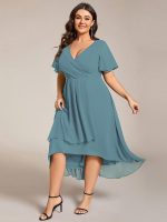 Plus Size Chiffon Short Sleeves Pleated V-Neck A-Line Midi Wedding Guest Dress - Image 65