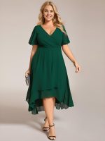 Plus Size Chiffon Short Sleeves Pleated V-Neck A-Line Midi Wedding Guest Dress - Image 14