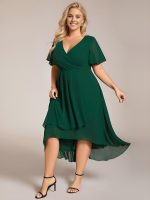 Plus Size Chiffon Short Sleeves Pleated V-Neck A-Line Midi Wedding Guest Dress - Image 11