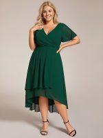 Plus Size Chiffon Short Sleeves Pleated V-Neck A-Line Midi Wedding Guest Dress - Image 15