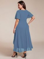 Plus Size Chiffon Short Sleeves Pleated V-Neck A-Line Midi Wedding Guest Dress - Image 33
