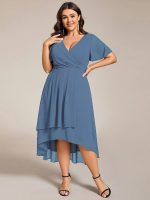 Plus Size Chiffon Short Sleeves Pleated V-Neck A-Line Midi Wedding Guest Dress - Image 32